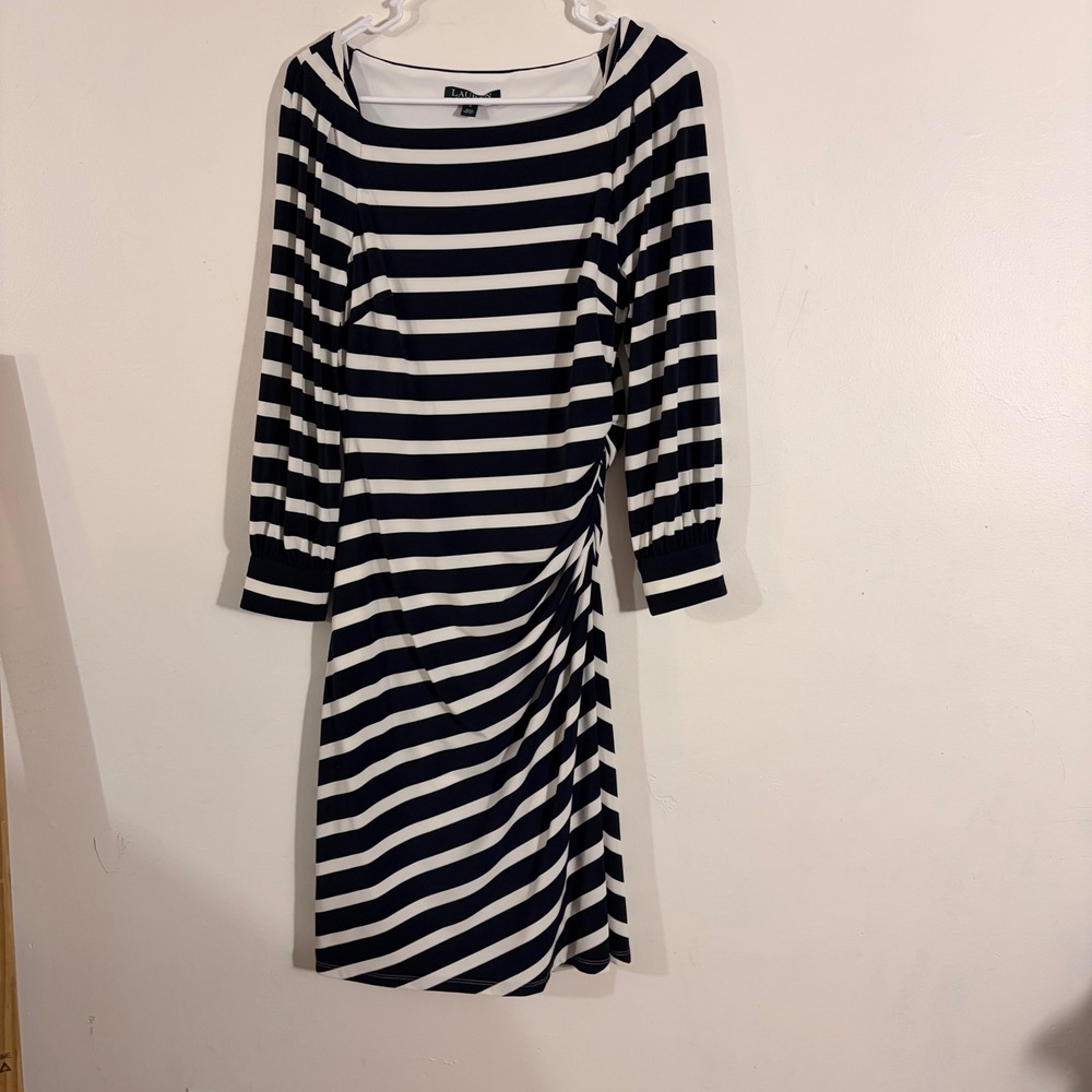 Lauren Ralph Lauren Sheath Dress Women 4 Navy White Striped Bodycon Ruched